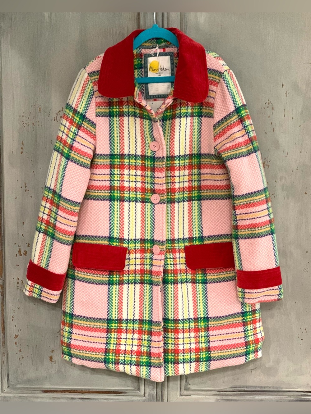 Mini Boden Colorful Plaid Wool Blend Coat Sz 8-9Y